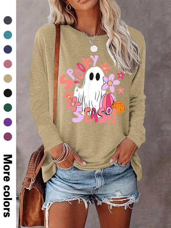 Halloween Fashion Casual Ghost Letter Print Long Sleeve T-Shirt, Comfortable Fabric, Available in 9 Colors, All Seasons...