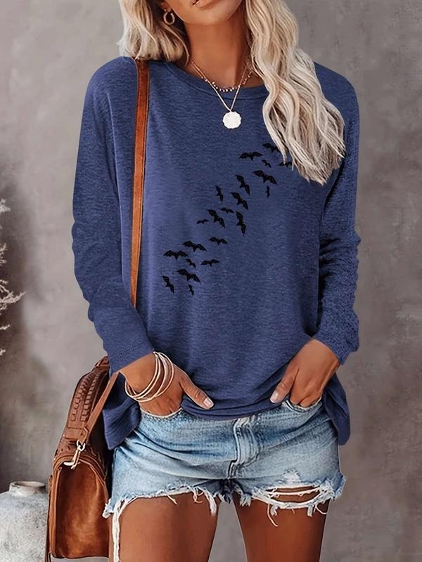 Halloween Fashion Casual Simple Bat Print Long Sleeve T-Shirt, Comfortable Fabric, Available in 8 Colors, Perfect for All...