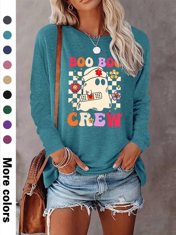 Halloween Fashion Casual Simple Ghost Letter Print Long Sleeve T-Shirt, Comfortable Fabric, 9 Colors Available, All...