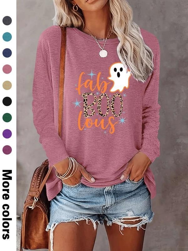 Halloween Fashion Casual Simple Ghost Print Long Sleeve T-Shirt, Comfortable Fabric, 9 Colors Available, All Seasons Wear...
