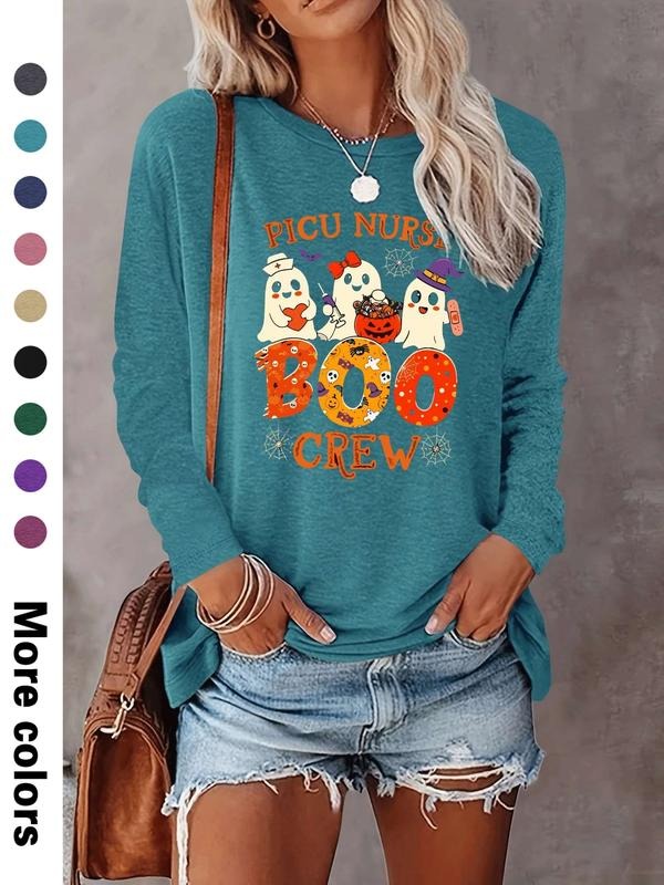 Halloween Fashion Casual Simple Ghost Print Long Sleeve T-Shirt, Comfortable Fabric, 9 Colors Available, All Seasons Wear...