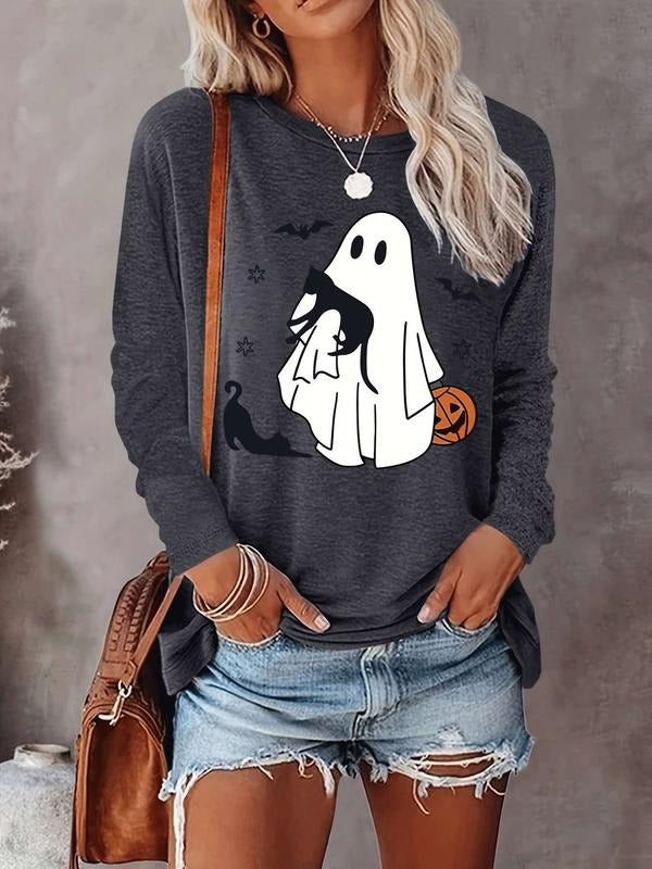 Halloween Fashion Casual Simple Ghost Print Long Sleeve T-Shirt, Comfortable Fabric, Choose From 8 Colors, All Seasons...