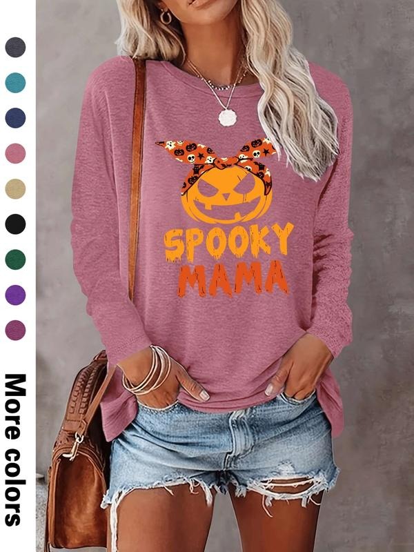 Halloween Fashion Casual Simple Pumpkin Letter Print Long Sleeve T-Shirt, Comfortable Fabric, 9 Colors Available, All...