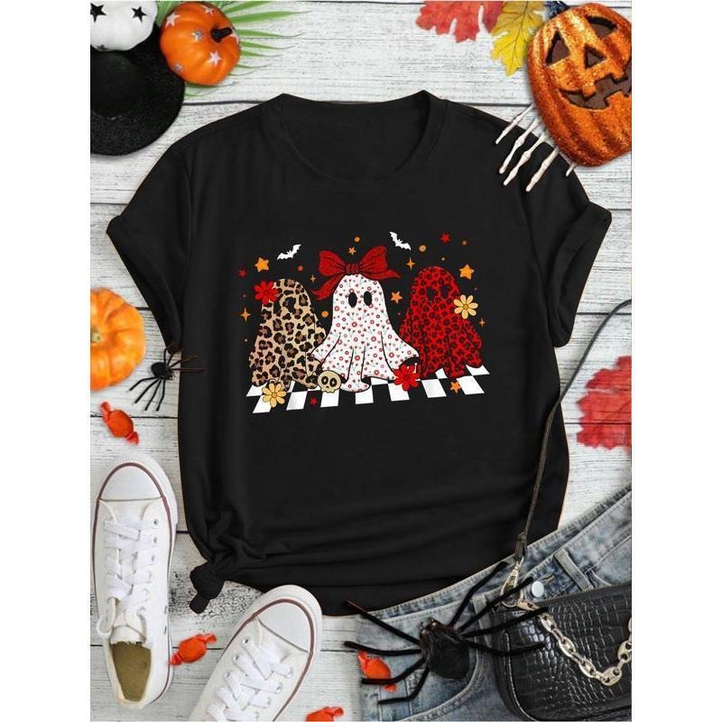 Halloween Floral Leopard Ghost Funny Coquette Bow Pumpkin T-Shirt Print Round Neck Short Sleeve Streetwear Fashion...