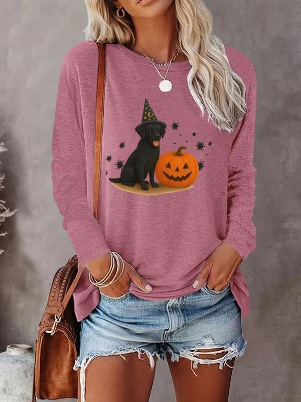 Halloween Fun Casual Dog Cartoon Elements Long Sleeve T-Shirt, 7 Color Options, Thin Fabric for Fall & Winter Wear Hoodie...