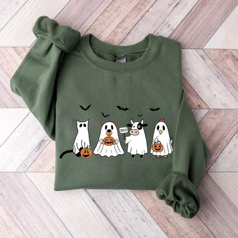 Halloween Ghost Animal Sweatshirt, Skeleton Sweatshirt, Funny Halloween Sweatshirt, Womens Halloween Sweatshirt Cotton...