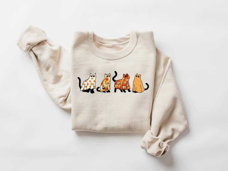 Halloween Ghost Cat Sweatshirt, Black Cat Halloween Shirt, Ghost Shirt, Halloween Sweater, Halloween Cat Shirt, Cat Lover...