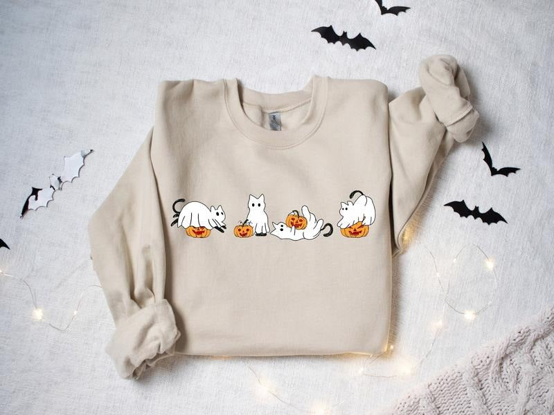 Halloween Ghost Cat Sweatshirt, Cat Sweatshirt, Cat Lover Shirt, Black Cat Shirt, Ghost Shirt, Pumpkin Fall Halloween...