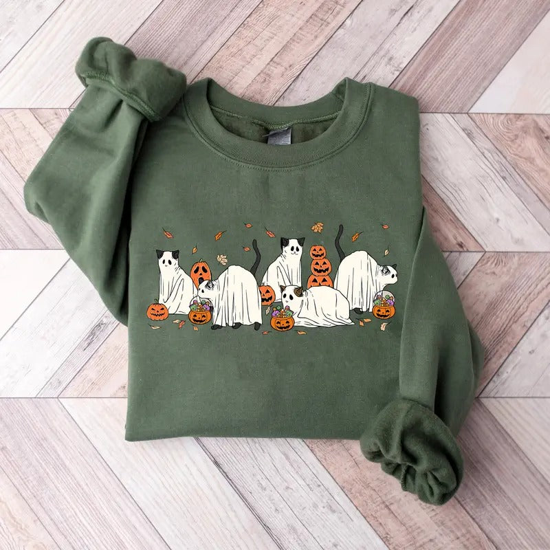 Halloween Ghost Cat Sweatshirt, Spooky Cat Sweatshirt, Black Cat Halloween Shirt, Pumpkin Halloween Shirt, Halloween Cat...