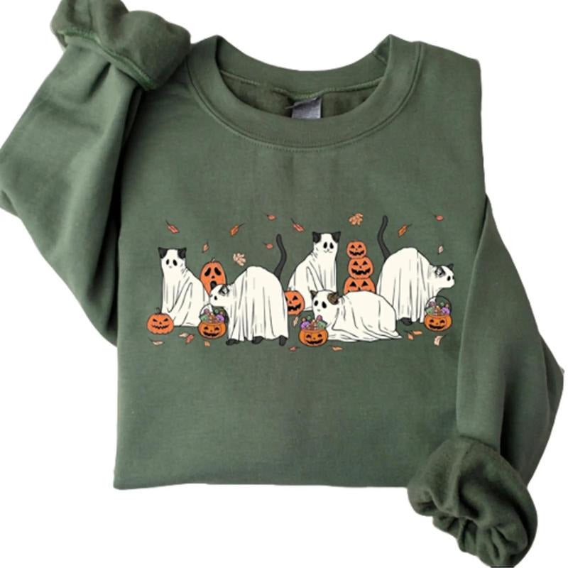 Halloween Ghost Cats Crewneck Sweatshirt, Hoodie, T-shirt | PrintMintTees.com