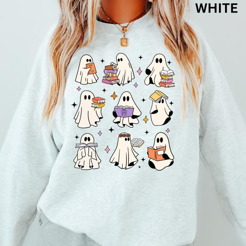 Halloween Ghost Reading Books Sweatshirt, Halloween Crewneck Unisex, Booklover Sweatshirt, Halloween Graphic Crewneck,...
