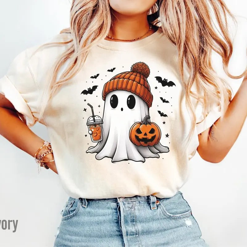 Halloween Ghost Shirt, Ghost Fall Sweatshirt, Cute Ghost Shirt, Womens Halloween Shirt, Ghost Halloween Coffee...