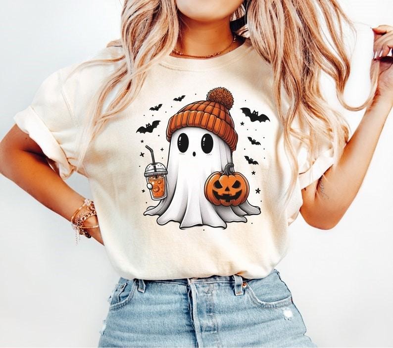 Halloween Ghost Tshirt, Cute Ghost Shirt, Womens Halloween Shirt, Spooky Season Shirt, Gift For Halloween Cotton Top...