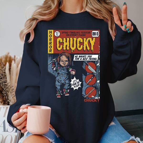 Halloween Gift Chucky T-Shirt, Child Plays Tee, Comic Cover Horror Shirt Hoodie Sweatshirt | PrintMintTees.com