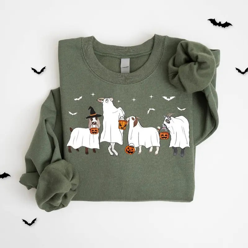 Halloween Goat Sweatshirt, Ghost Goat Sweatshirt, Spooky Goat Halloween Gifts, Goat Lover Fall Gift, Funny Halloween...