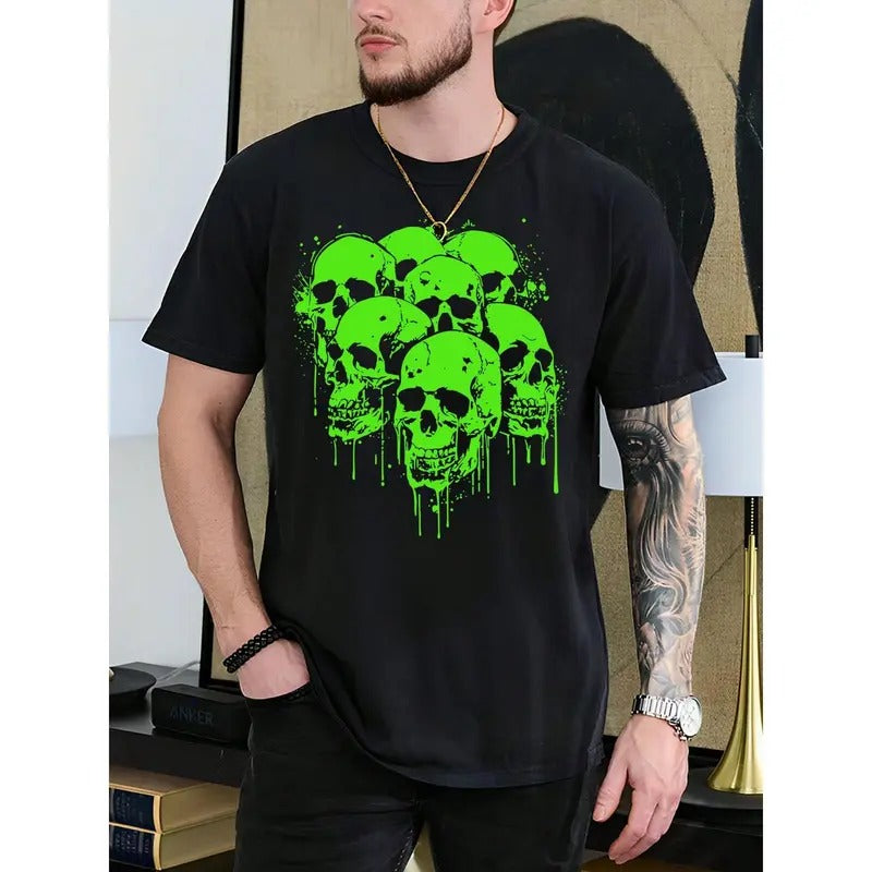 Halloween Green Skull Print Men's Cotton Short Sleeve T-Shirt made in usa Hoodie Sweatshirt | PrintMintTees.com
