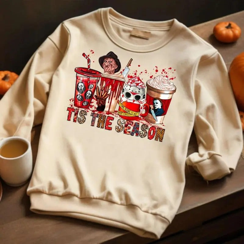 Halloween Horror Characters Coffee Shirt, Tis The Season Shirt, Halloween Latte Drink Cup, Horror Movie Shirt, Coffee...