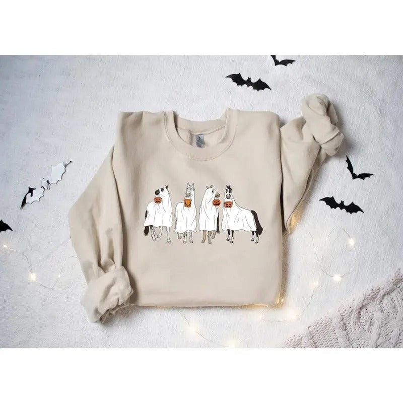 Halloween Horse Ghost Sweatshirt, Cowboy Western Halloween Sweatshirt, Ghost Sweater Cotton Hoodie Shirt | PrintMintTees.com