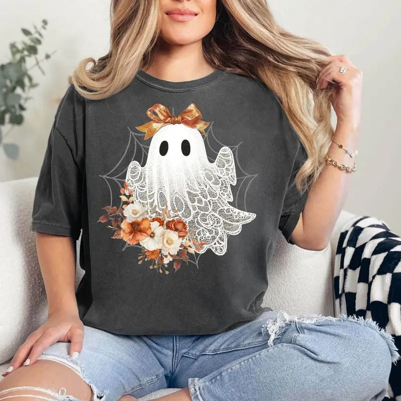 Halloween Lace Ghost Sweatshirt, Cut Floral Ghost Sweater, Spooky Fall Floral Shirts, Coquette Bow Girl Halloween T-Shirt...
