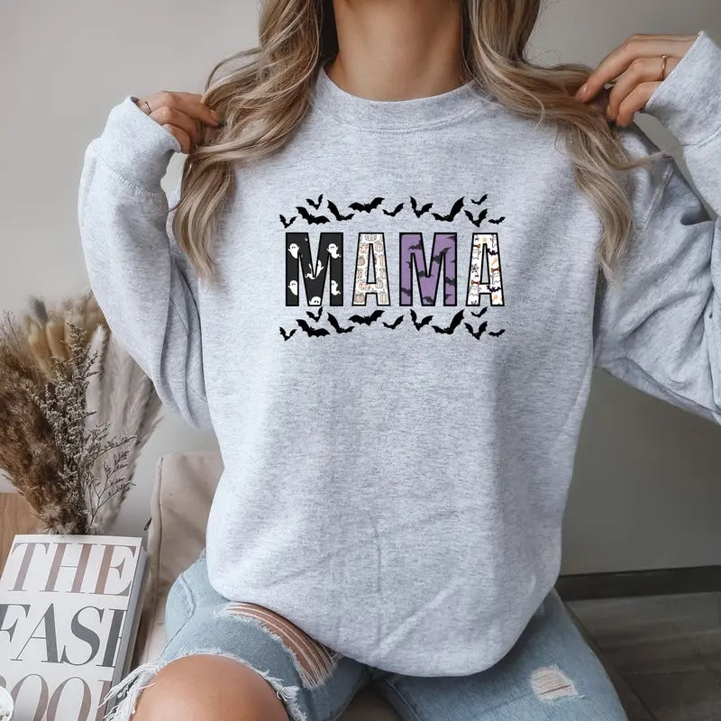Halloween Mama Print with bats Crewneck Sweatshirt Shirt Hoodie | PrintMintTees.com