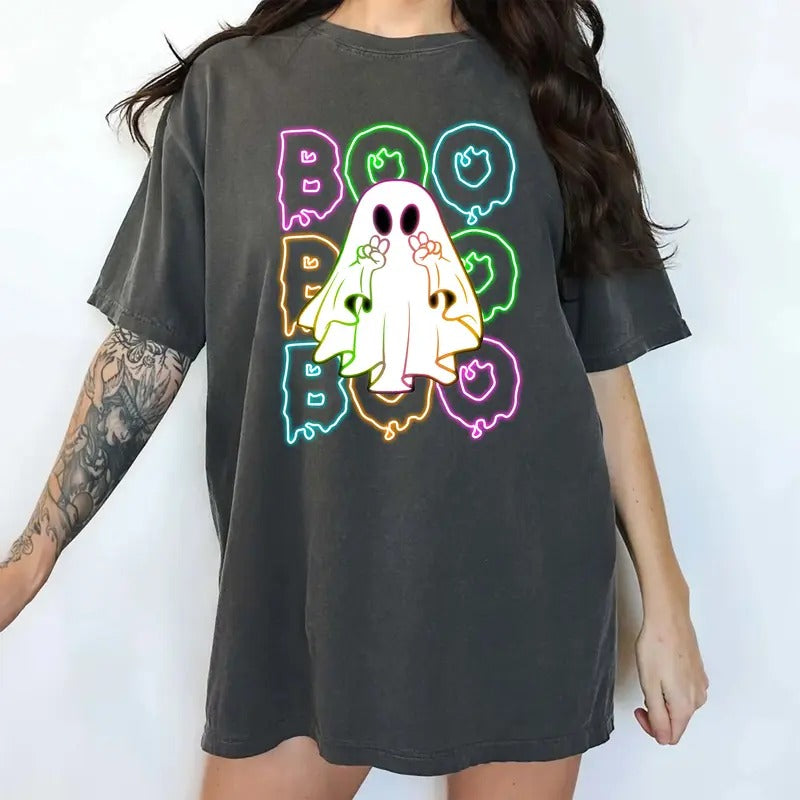 Halloween Neon Boo Shirt Comfort Colors Cute Neon Ghost Halloween Funny Halloween Neon Spooky Season Halloween Party Casual Womenswear Unhinged Tops Comfy Cotton Fabric Fit Chic T-Shirts, Hoodie, Sweatshirt