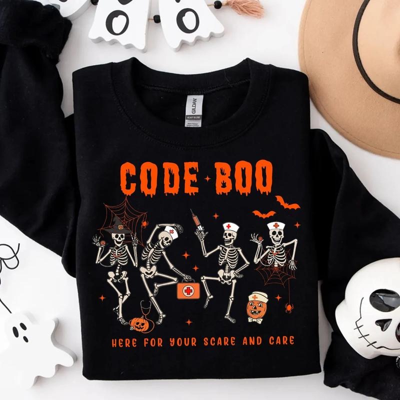 Halloween Nurse Shirt Sweatshirt T-Shirt, Code Boo Skeleton Nurse Shirt, Spooky Season Nurse Halloween Tee, Funny Nurse...
