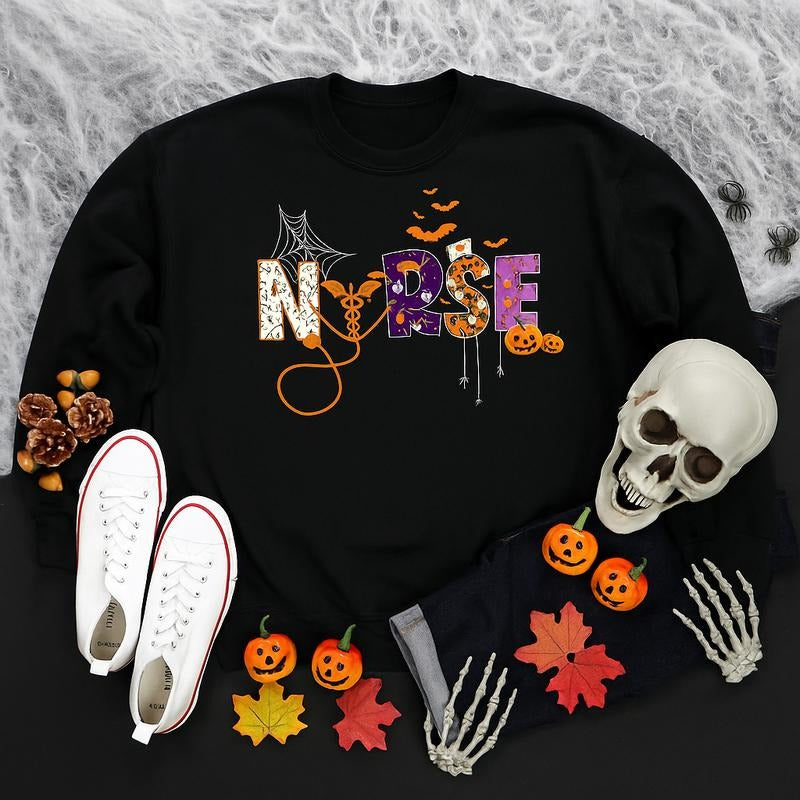 Halloween Nurse Sweatshirt and T-Shirt, Spooky Cute Nurse Shirt, Funny Medical Halloween Outfit, Nurse Pumpkin Ghost...