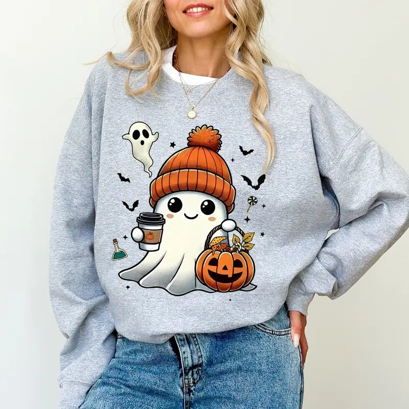 Halloween Pumpkin Ghost Coffee Sweatshirt, Coffee Ghost Creweck for Women, Little Ghost Sweater, Cute Boo Sweatshirt for...