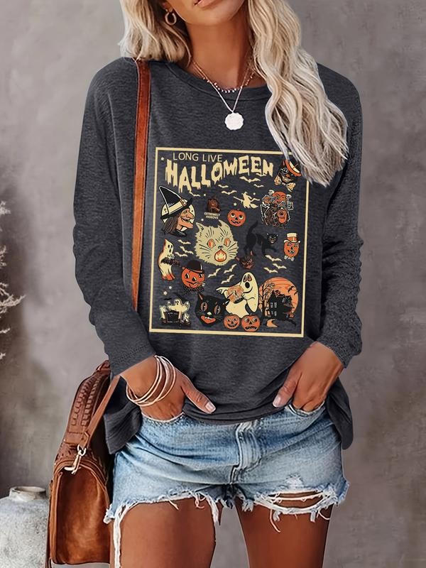 Halloween Pumpkin Print Long Sleeve Casual Round Neck Shirt Women's Top Comfortable Soft Fabric Multiple Colors Available...