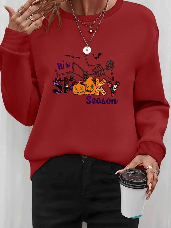 Halloween Pumpkin Skull Print Long Sleeve Pullover Sweatshirt, Casual Fitted Round Neck Top for Fall & Winter, Available...