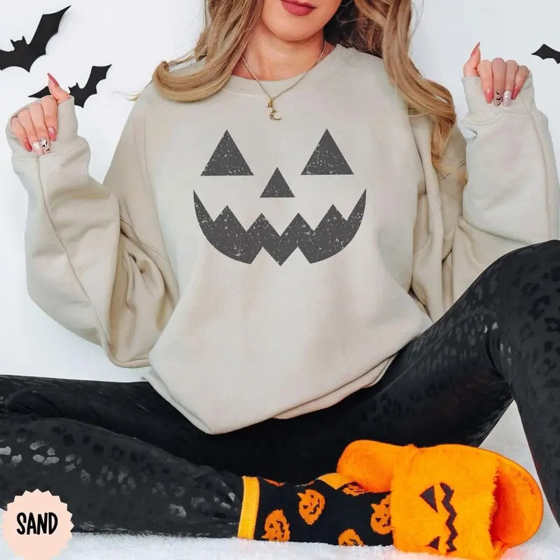 Halloween Pumpkin Unisex Sweatshirts, Pumpkin Face Sweatshirt, Jack O' Lantern Sweatshirt Cotton Womenswear Shirt Hoodie