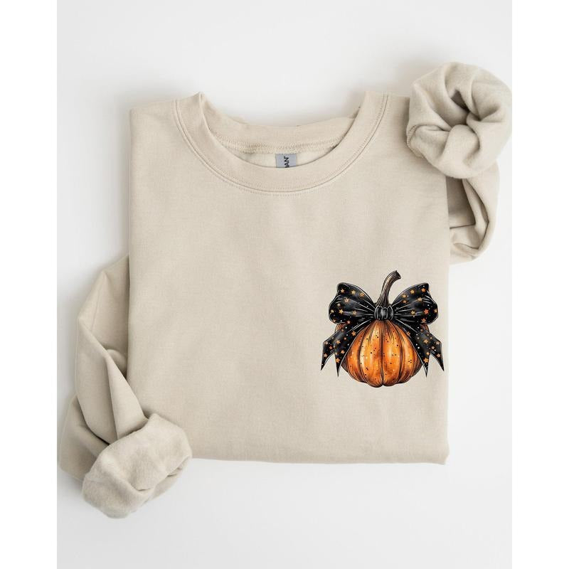 Halloween Pumpkin, Ribbon, Pocket Print, Coquette, Fall, Autumn Sweatshirt T-Shirts, Hoodie | PrintMintTees.com