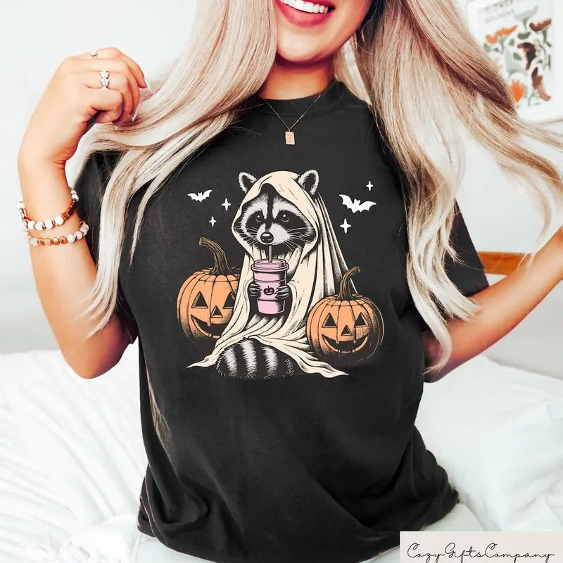 Halloween Raccoon Sweatshirt, Cute Raccoon Ghost T-Shirt, Retro Halloween Shirts, , Pumpkin Fall Shirt Cotton Womenswear...