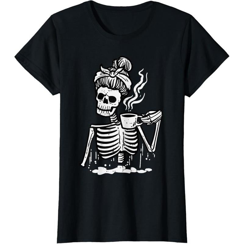 Halloween Skeleton Messy Bun Coffee Funny Costume Mom Women T-Shirt made in usa Hoodie Sweatshirt | PrintMintTees.com