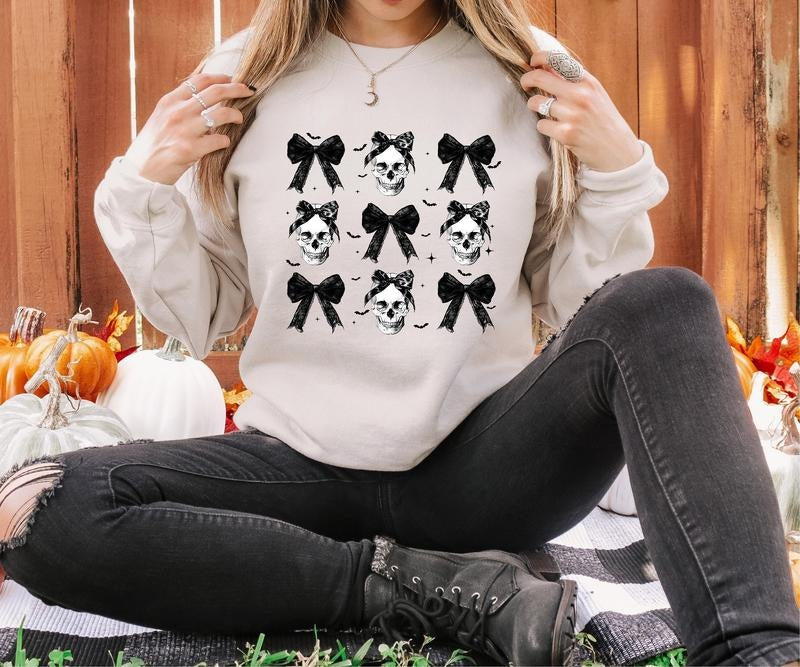 Halloween Skull Black Bow Sweatshirt, Coquette Halloween Bow Sweatshirt, Retro Halloween Shirt, Halloween Black Bow...
