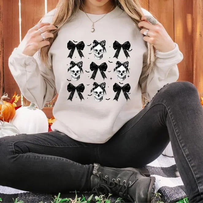 Halloween Skull Black Bow Sweatshirt, Retro Halloween Shirt, Halloween Women's Hoodie, Halloween Costume, Fall Sweater,...