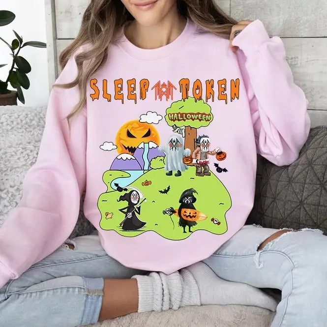 Halloween Sleep Token Vintage Sweatshirt Scary Characters Spooky Season Sweater Shirt Hoodie | PrintMintTees.com