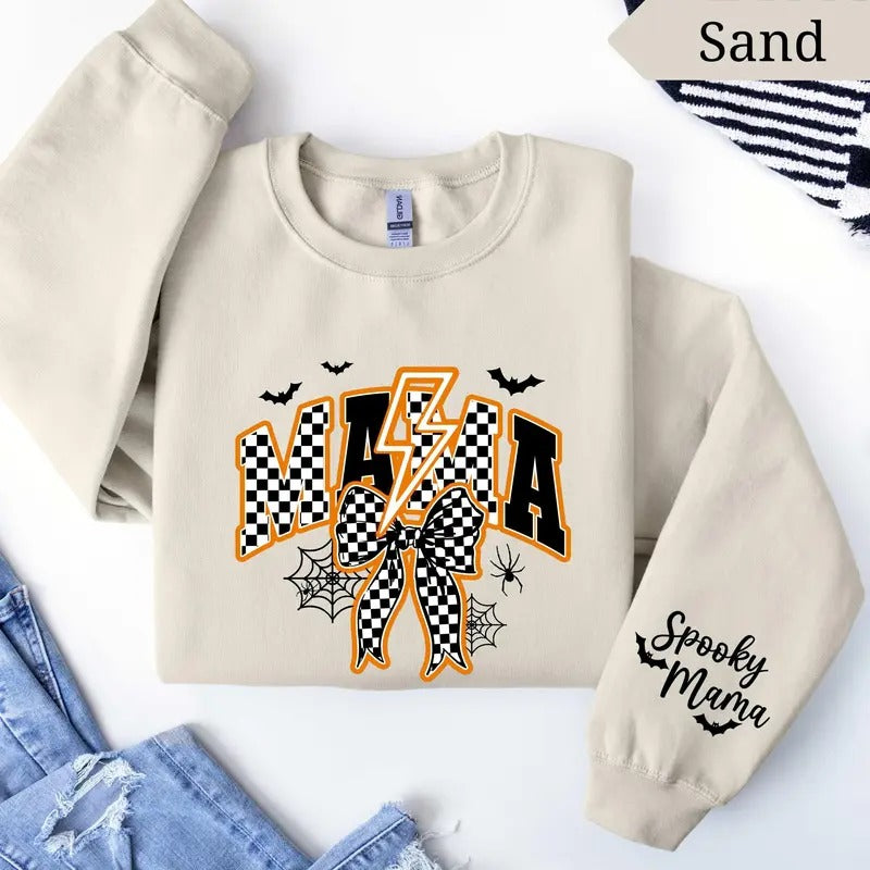Halloween Spooky Mama Sweatshirt, Halloween Checkered Mama Sweatshirt, Halloween Bats and Spider Sweatshirt, Halloween...