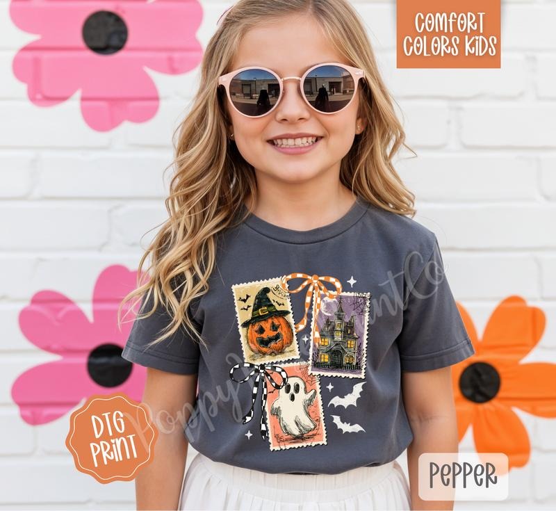 Halloween Stamps Youth Comfort Colors Tshirt, Spooky Tee for Kids Hoodie Sweatshirt | PrintMintTees.com