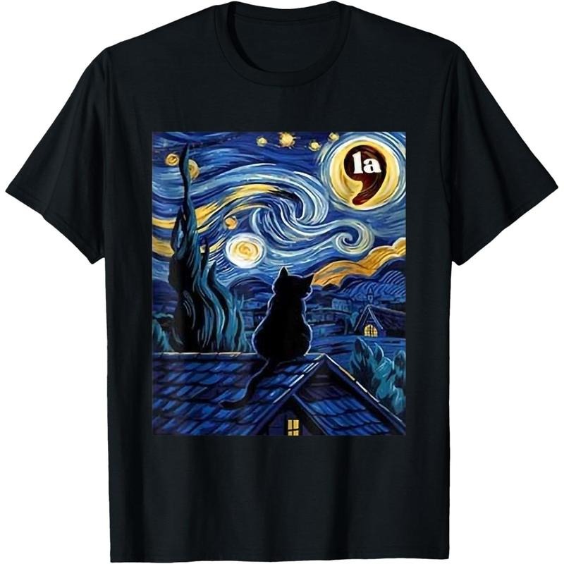Halloween Starry Night Black Cat Comma La Kamala Harris T-Shirt made in usa Hoodie Sweatshirt | PrintMintTees.com