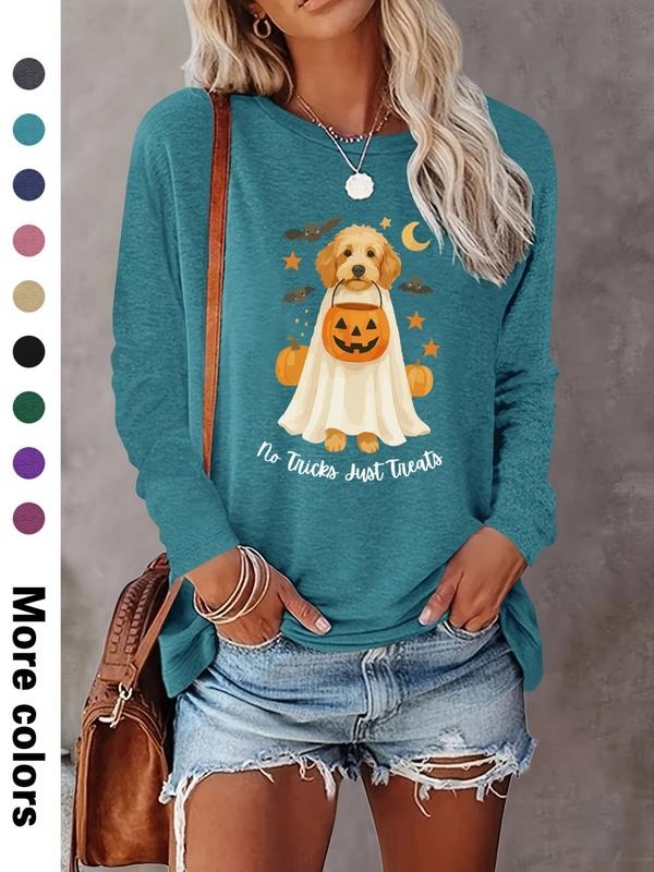 Halloween Stylish Casual Dog Cartoon Print Long Sleeve T-Shirt, Available in 9 Colors, Fitted Thin Top for Fall & Winter...