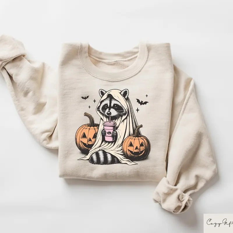 Halloween Sweatshirt, Cute Raccoon Ghost T-Shirt, Spooky Season Gift Cotton Menswear Hoodie | PrintMintTees.com