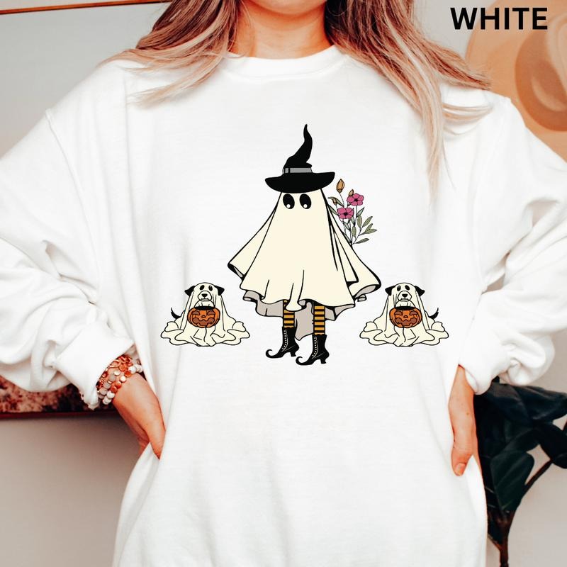 Halloween Sweatshirt, Two Pupkins And Ghost Sweatshirt, Oversized Casual Spooky Season Graphic Sweatshirt Hoodie Cotton Shirt