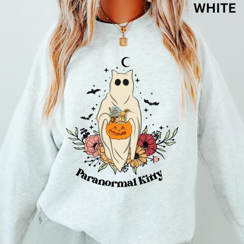 Halloween Sweatshirt, Womens Halloween Cat Sweatshirt, Paranormal Kitty Crewneck, Cats Sweatshirt, Oversized Halloween...