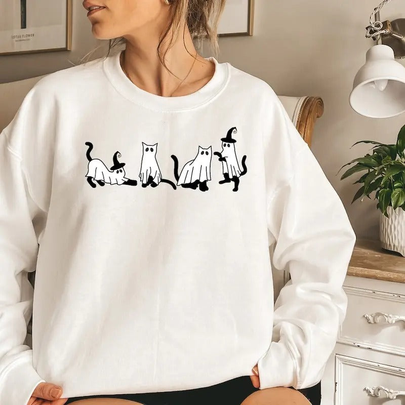Halloween Sweatshirt,Cat Sweatshirt,Ghost Shirt,Black Cat Shirt Cotton Sweaters Hoodie | PrintMintTees.com