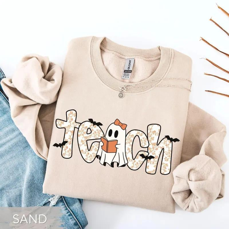Halloween Teacher Sweatshirt T-Shirt, Coquette Ghost Fall Shirt, Chinoiserie Toile Teacher Pullover, Cute Spooky Teach...