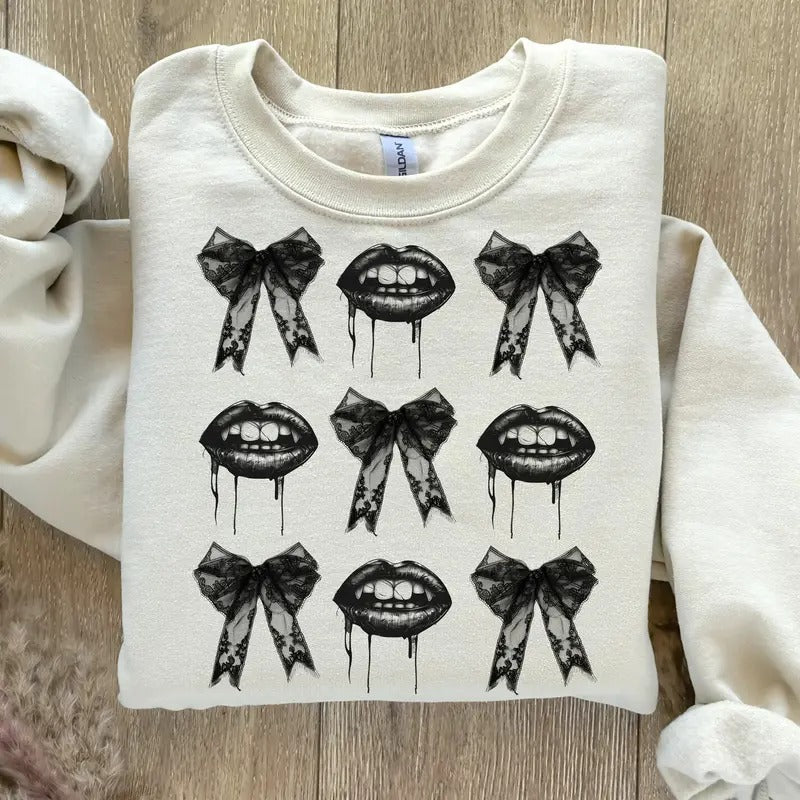 Halloween Vampire Sweatshirt, Coquette Bow Halloween Sweatshirt, Halloween Shirt, Spooky Season Shirt Hoodie