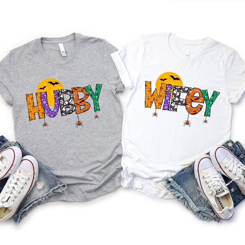 Halloween Wifey Hubby Shirts Matching Couple Funny Halloween Shirt Halloween Party Colorful Spooky T-Shirts, Hoodie, Sweatshirt