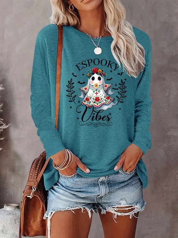 Halloween Women's Casual Letter Print Long Sleeve T-Shirt, Comfortable Fabric, Available in 9 Colors, Fitted Style for...