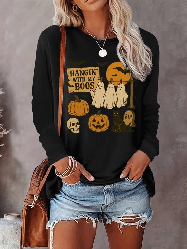 Halloween Women's Casual Letter Print Long Sleeve T-Shirt, Comfortable Fabric, Available in 9 Colors, Fitted Style for...